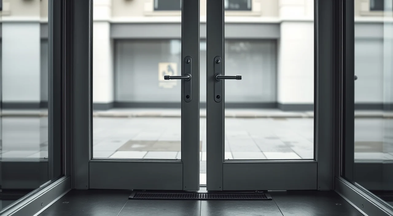 The meeting stiles of aluminium storefront doors showing the cylinder and hookbolt