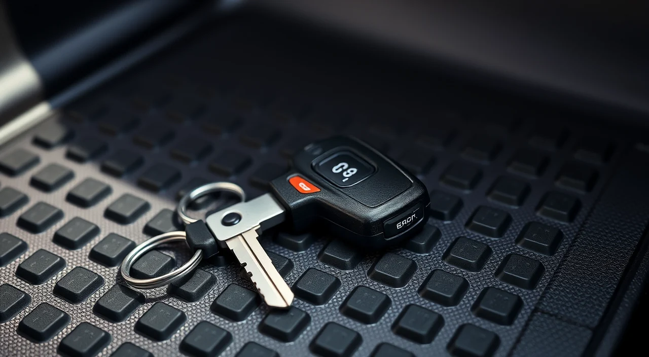 A Subaru car key fob with a metal blade key on a dark automotive locksmith workbench