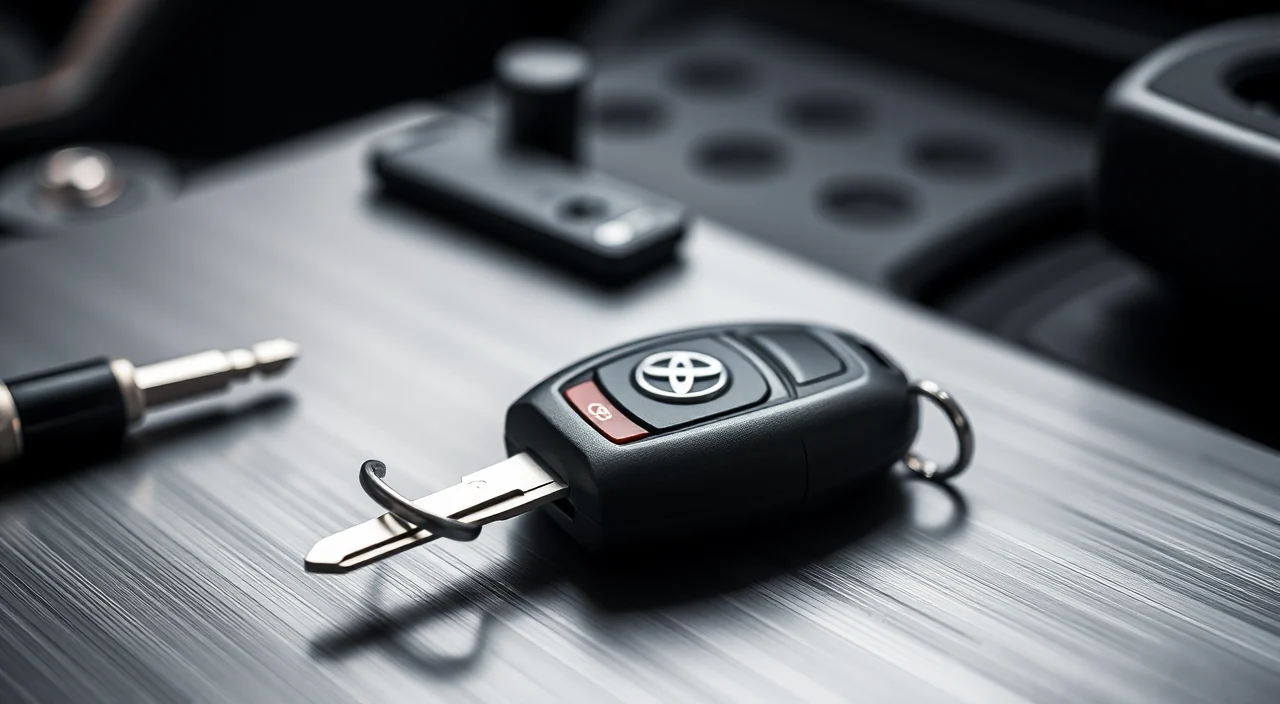 A Toyota car key fob with a metal blade key on a dark automotive locksmith workbench