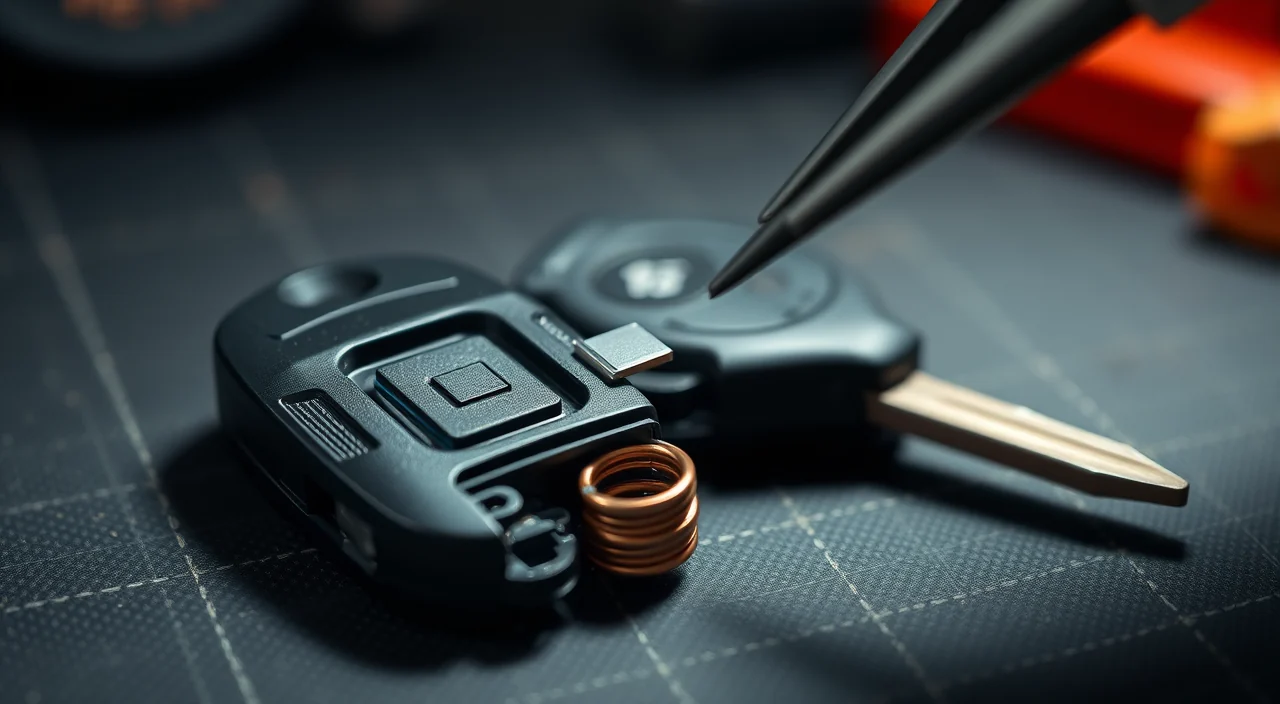 A car key head opened to show the transponder chip inside