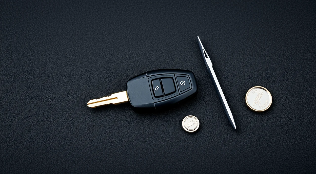 A car key opened to show the transponder chip, beside a second key and tweezers