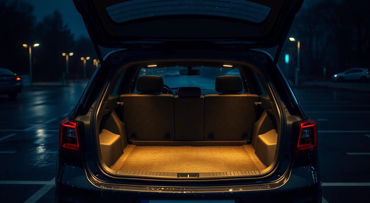 An open car trunk lit by its interior light at night