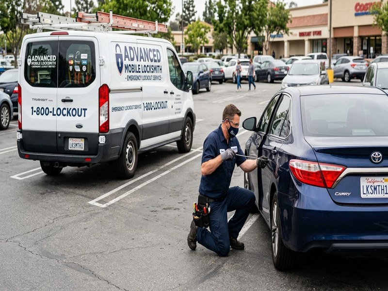 Mobile locksmith arriving at a suburban residential neighborhood for a car lockout