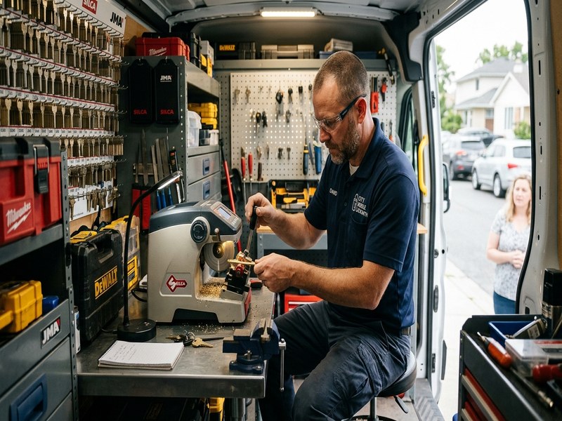 Portable key cutting machine operating inside a mobile locksmith van