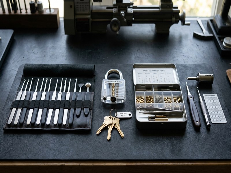 Mobile locksmith tool kit including picks, tension wrenches, and hardware stock