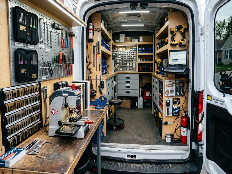 Interior view of a fully-equipped mobile locksmith service van