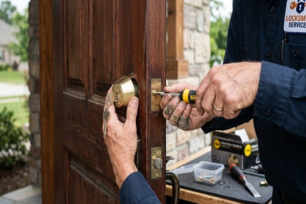Mobile locksmith installing a new deadbolt on a front door